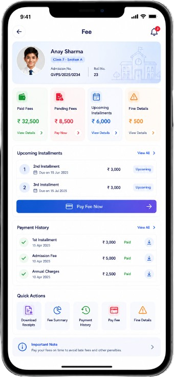 xtraclasses fee management screen showing paid, pending and upcoming instalments