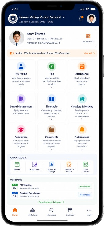 xtraclasses student dashboard for Anay Sharma at Green Valley Public School, showing profile, fees, attendance, timetable and notices